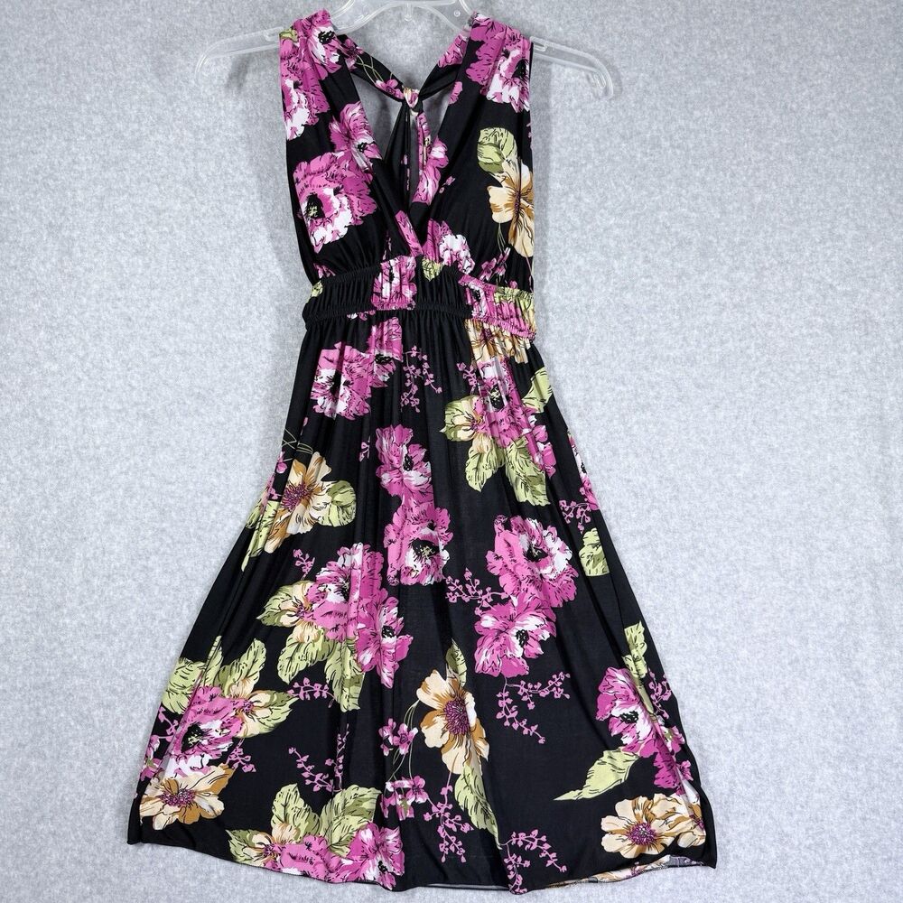 Womens Dress  Sz Med Twisted Cross Back Halter Knee Length Pink Green Floral